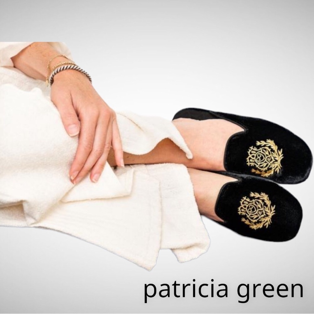 Patricia Green Black Velvet Gold Crest Slippers Size 6